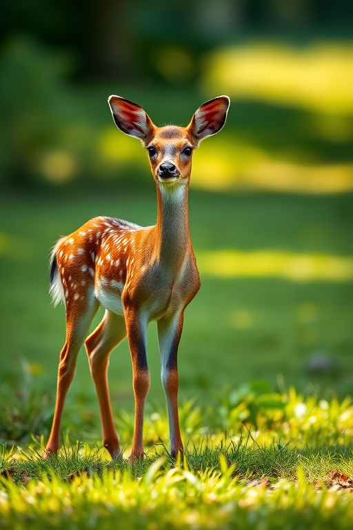 A young spotted deer standing on a lush green field in soft natural light, captured with a DSLR camera at 50mm f/2.8, ISO 200, shutter speed 1/250s, with a shallow depth of field to blur the background and emphasize the deer.