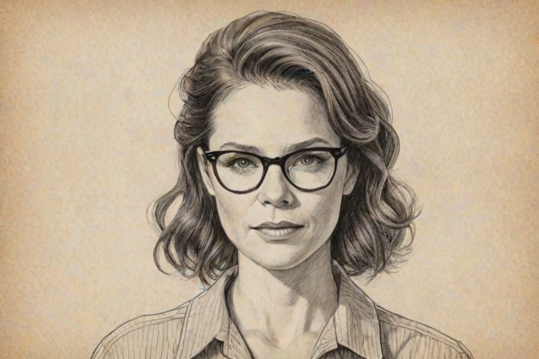 Bewitching Katie Aselton, pencil sketch, portrait of Captivating woman 1946s in glasses, hair style beatnik, outline, clear lines, fine lines, 8k