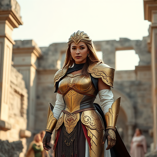 Create a high-resolution image of a female character in ornate golden armor standing in an ancient stone ruins, with soft natural lighting, using a Canon EOS R5, f/1.8 aperture, 50mm lens, and a wide-angle perspective to enhance depth and detail.