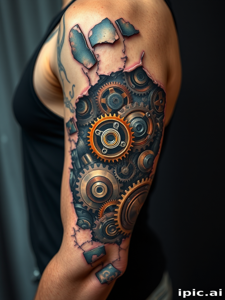 Biomechanical tattoo extending from shoulder to elbow, revealing hyper-realistic mechanical gears and pistons beneath torn skin in metallic silver and copper tones