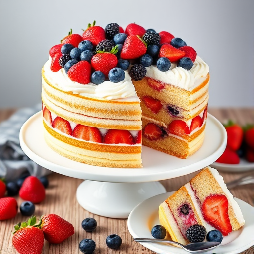 A beautifully layered vanilla cake with fresh strawberries, blueberries, and blackberries on top, decorated with whipped cream, sitting on a white cake stand, with a slice served on a plate alongside additional berries and a spoon.