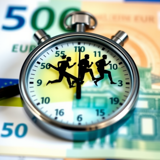 Create an image of silhouetted business people running on a large stopwatch against a blurred background of a 500 euro banknote, using a DSLR camera with a focal length of 50mm, aperture set to f/2.8 for a shallow depth of field, and a shutter speed of 1/250s for clarity and crispness.
