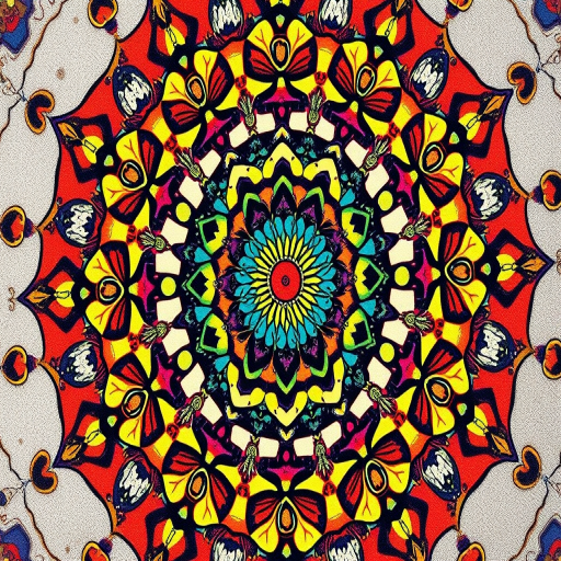 Create a vibrant, intricate mandala pattern featuring colorful circular designs and floral motifs with a macro lens, f/2.8 aperture, 1/60s shutter speed, 100 ISO, taken from a bird's-eye view in natural light with a DSLR camera for enhanced detail and depth.