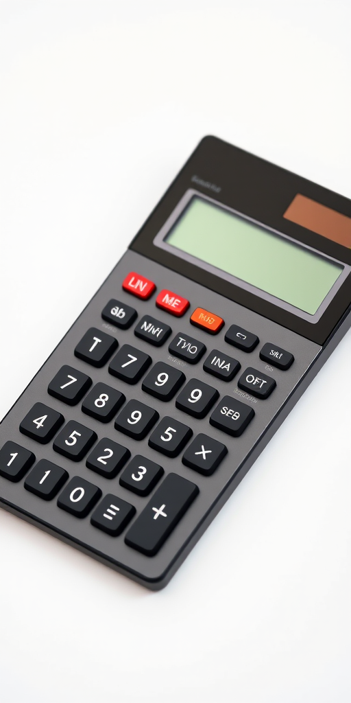 Create a high-resolution image of a modern calculator with a sleek design, front view, using a DSLR camera set to f/2.8 aperture, ISO 100, and a shutter speed of 1/60 seconds.