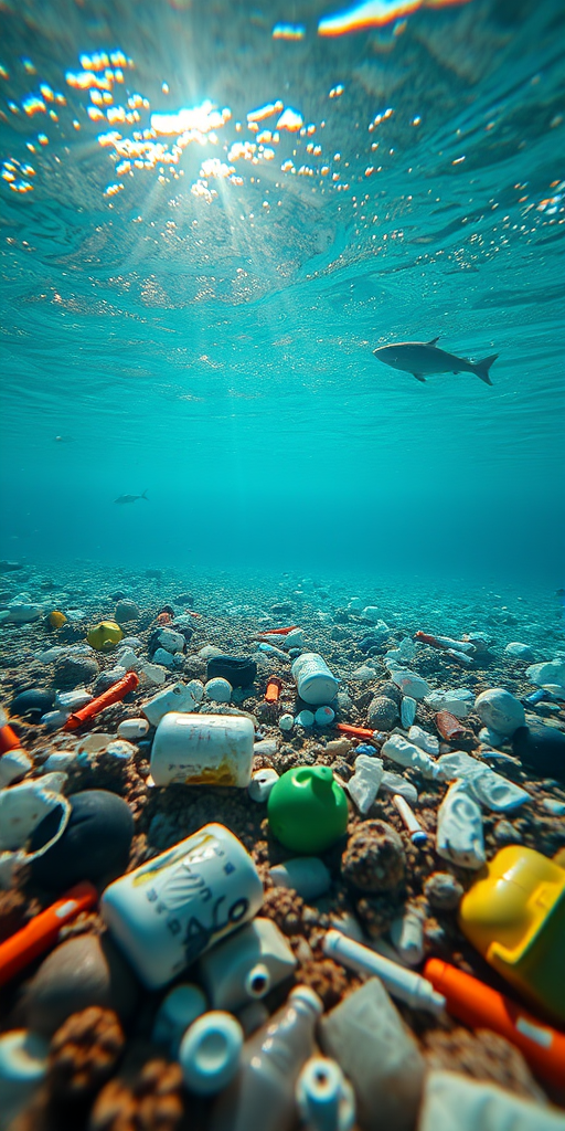 underwater scene of plastic waste scattered on the ocean floor with soft sunlight rays filtering through the water, shallow depth of field, high dynamic range, taken with a DSLR camera at f/8, ISO 200, 18mm lens, vibrant colors and high clarity