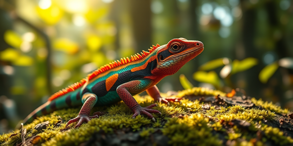Create a hyper-realistic image of a colorful lizard with spines sitting on moss in a lush forest with soft sunlight filtering through the leaves, using a Canon EOS R5 with a 50mm f/1.2 lens, aperture set to f/2.8, ISO 100, and a shallow depth of field for a blurred background.