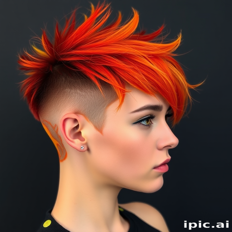 Rebellious portrait captures Molten Lava undercut, fiery red-orange short hair on top with shaved sides featuring flame-inspired designs and vibrant yellow tips