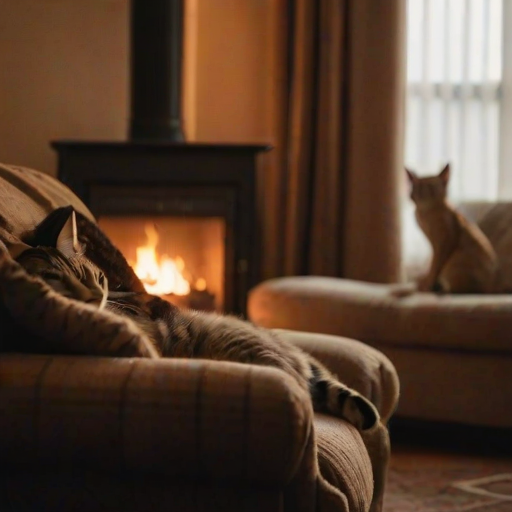 Warmly lit close-up of a cozy living room scene, with a roaring fire in the fireplace, a cat curled up on a plush armchair, and soft light from a nearby lamp casting a warm glow.