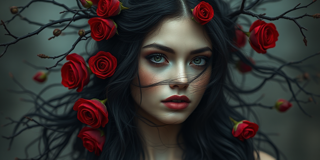 Create a high-resolution portrait of a mystical woman with dark, flowing hair adorned with red roses, intricate black branches, and surreal facial features, using a Canon EOS R5, 50mm f/1.2 lens, aperture at f/2.8, ISO 100, and a soft focus background to enhance the ethereal quality.