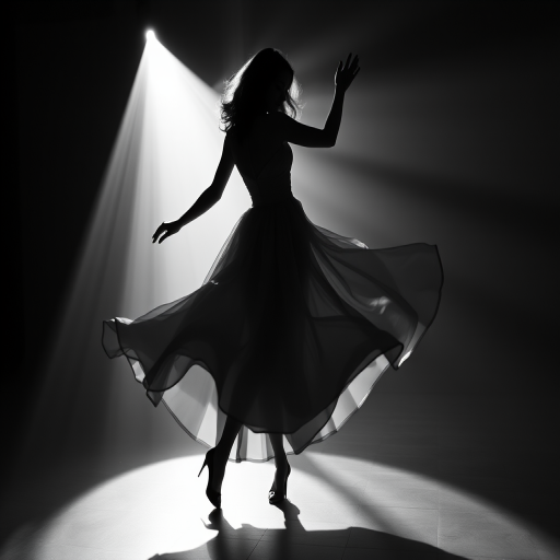Create a black and white silhouette of a woman in a flowing dress dancing in soft, dramatic light with rays filtering through, using a full-frame DSLR camera with a 50mm f/1.8 lens, aperture set to f/2.8, shutter speed at 1/125s, ISO 100, in a low-angle view to emphasize the movement and elegance of the dress.