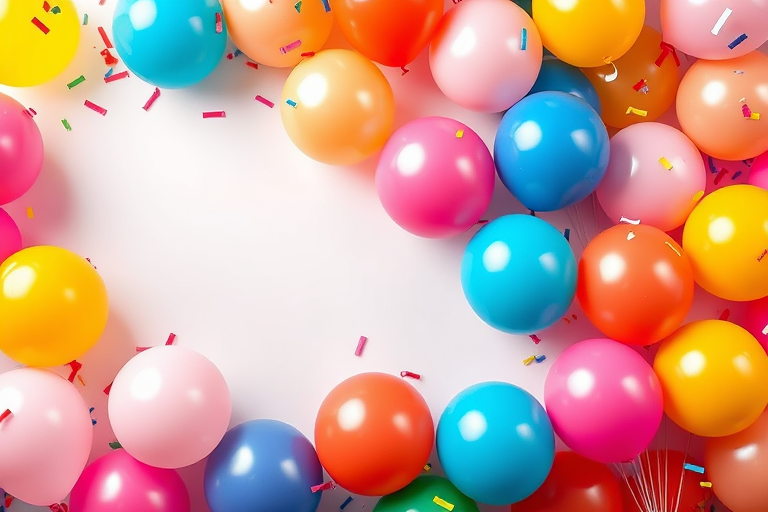 Create a vibrant party balloon border with colorful balloons in various shapes and sizes, surrounded by confetti, shot in high resolution with a Canon EOS 5D Mark IV, f/8 aperture, 1/125 shutter speed, and ISO 100, using a macro lens for enhanced detail and clarity.