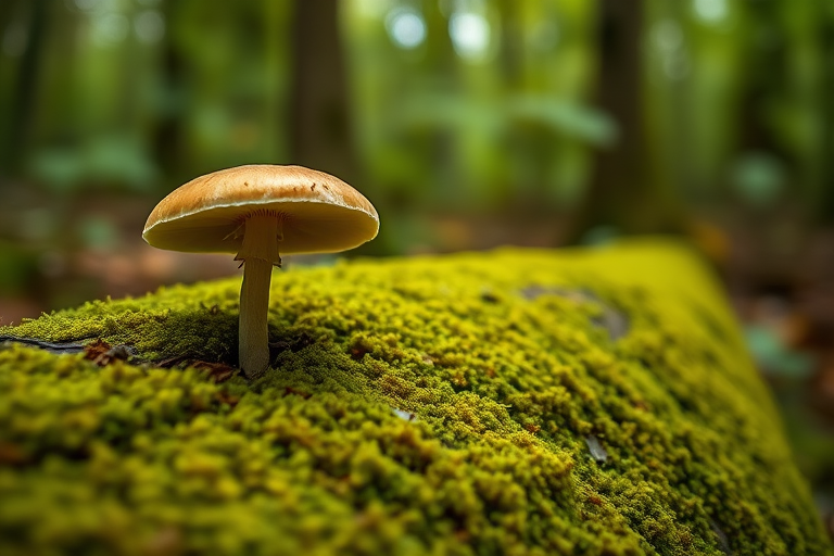 Mushroom growing on a mossy log in a forest, shallow depth of field, f/2.8 aperture, 50mm lens, ISO 100, natural lighting, soft focus background, DSLR camera.