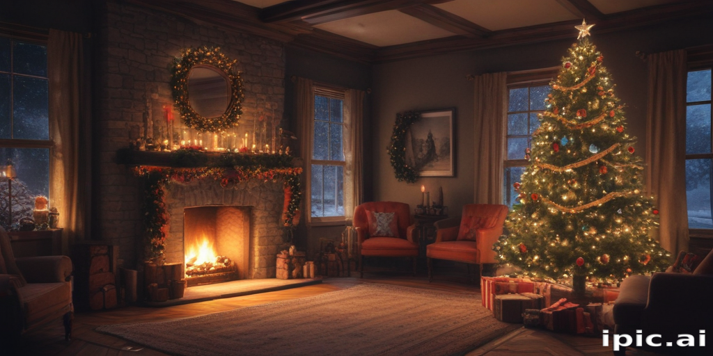 Cozy Christmas Living Room with a Beautifully Decorated Tree and Fireplace