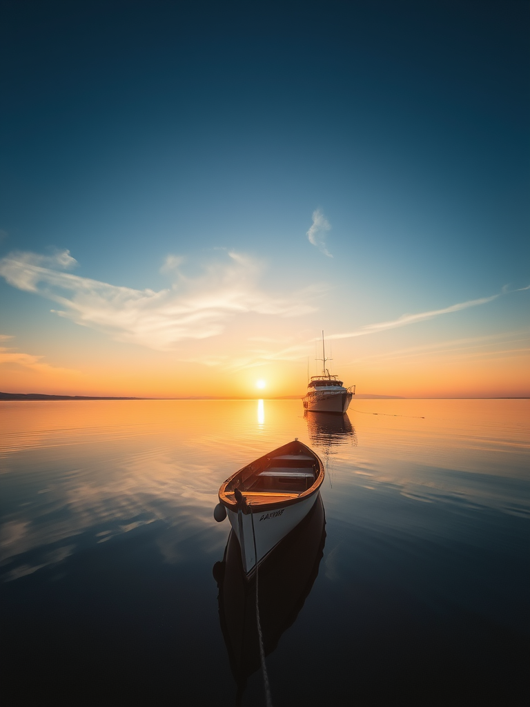 Capture a tranquil sunset scene with a boat anchored on calm waters, emphasizing reflections, ISO 100, aperture f/8, shutter speed 1/200 sec, shot from a low angle view with a DSLR camera using a wide-angle lens to enhance image quality.