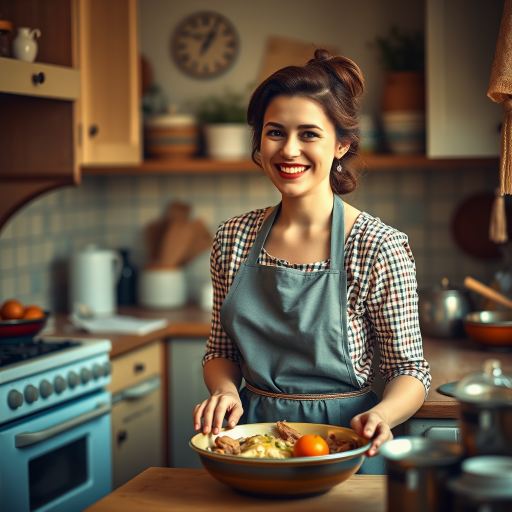 regenerate a vintage kitchen scene featuring a woman in an apron, smiling as she prepares food, with warm lighting, using a DSLR camera, 50mm lens, f/2.8 aperture, ISO 200, 1/125 sec shutter speed, top-down view, vibrant color saturation, and soft focus background.