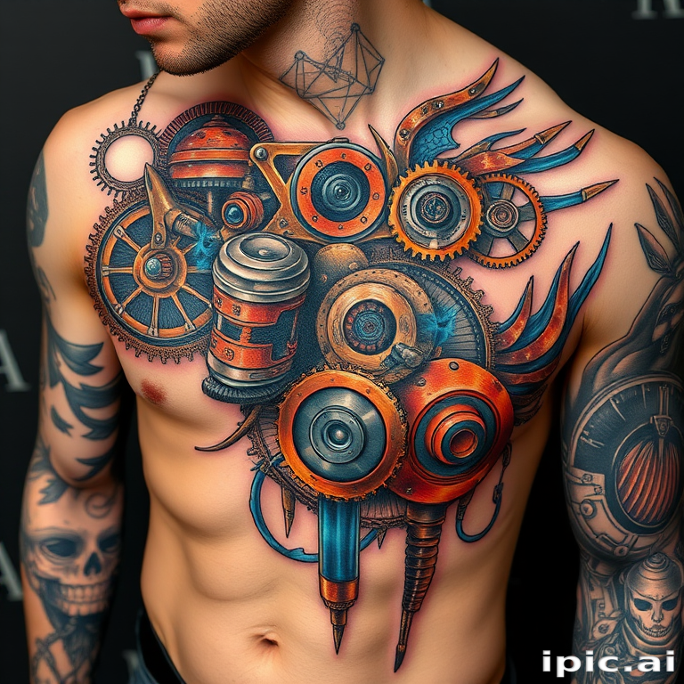 Captivating "Steampunk Biomechanical" tattoo blends organic forms with mechanical elements in a unique and intricate design. Copper and brass tones create a vintage industrial feel, while pops of electric blue represent energy flowing through gears and pistons. Highly detailed shading and highlights bring depth and realism to this fusion of man and machine.