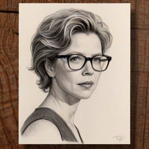Sublime Annette Bening, pencil sketch, portrait of Resplendent woman 1979s in glasses, hair style beatnik, outline, clear lines, fine lines, 8k