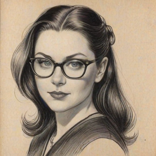 Magnificent Amy Lee, pencil sketch, portrait of Ravishing woman 1936s in glasses, hair style beatnik, outline, clear lines, fine lines, 8k