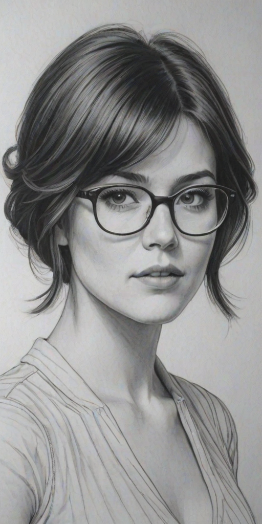 Fascinating Mary Elizabeth Winstead, pencil sketch, portrait of Splendid woman 1967s in glasses, hair style beatnik, outline, clear lines, fine lines, 8k