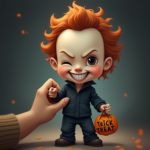 A whimsical caricature of a child version of Michael Myers, grinning mischievously. He is held by the hand of an unrecognizable person (only their hand visible), while holding a bag labeled 'Trick or Treat.' His facial expression is playful yet slightly menacing, reflecting his iconic figure. The scene is in portrait format with a Halloween theme, featuring exaggerated cartoon details like big eyes, a small body, and a creepy yet light-hearted tone.