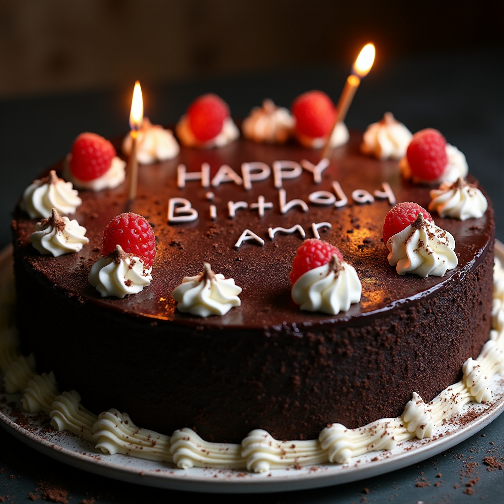black forest gateau cake, spelling out the words "HAPPY BDAY AMR", tasty, food photography, dynamic shot