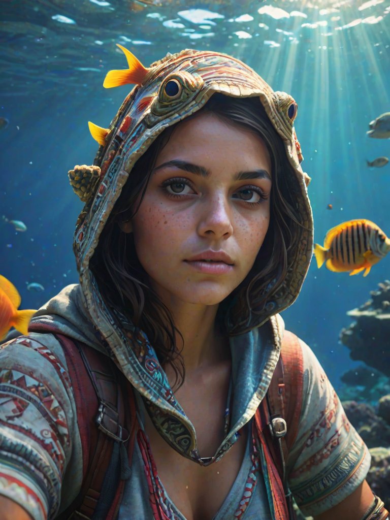 Realistic selfie image of a Aztec, wearing a vintage outfit, detailed dreamy eyes, droopy hooded eyes, staring at the camera, taken underwater at coral reef with a sunbeam filtering through the water, vibrant, summer vacation, natural lighting, turtle and school of tropical fish with vibrant colors, rendered in the style of CryEngine, Pegi Nicol MacLeod, with realistic genre scenes, hauntingly beautiful narratives, ultra-realism, and Thomas Saliot's close-up technique, 8K resolution, crystal clear and sparkling water.