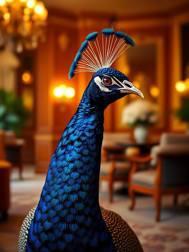 A vibrant and detailed peacock in a luxurious interior setting, captured with a Canon EOS 5D Mark IV, 85mm f/1.4 lens, aperture f/1.8, ISO 100, soft focus background, warm lighting, and enhanced color saturation for richness and depth.