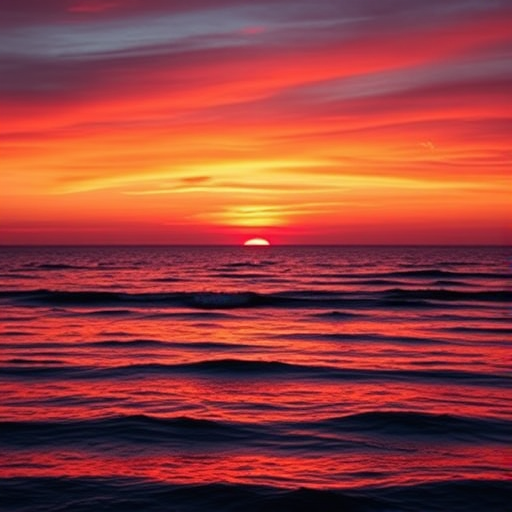 Generate a detailed image of a vibrant sunset over a calm ocean, with reflections of orange and purple hues, captured with a Canon EOS R5 camera, using a 24-70mm f/2.8 lens, aperture set to f/8, ISO 100, shutter speed 1/60s, in landscape orientation for enhanced clarity and depth.