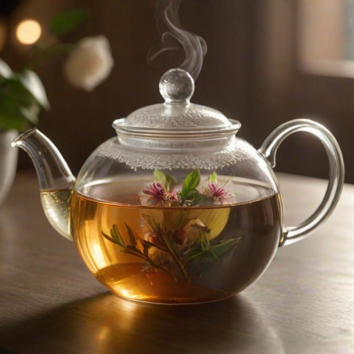 Warmly lit, close-up photo of a glass teapot with loose-leaf tea steeping, steam rising gently, with soft light reflecting off the glass, and delicate floral patterns on a nearby porcelain cup.