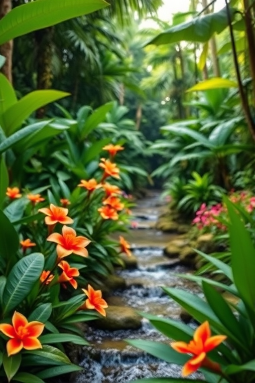 lush tropical jungle with vibrant flowers and a serene stream, soft natural lighting, depth of field focus, ISO 200, f/4, 1/125s, 35mm lens, wide angle view, DSLR camera