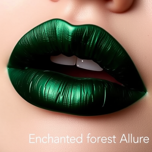 Deep emerald green lips with a satin finish and subtle metallic undertones, known as "Enchanted Forest Allure"