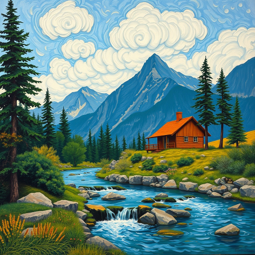 This Van Gogh-inspired painting depicts a peaceful scene of a small cabin located near a flowing river. The scene is surrounded by lush vegetation, including tall trees and rocky terrain. In the background, majestic mountains rise under a sky filled with rolling clouds. The river gently cascades over the rocks, adding a sense of movement and tranquility to the scene. The use of vibrant colors and detailed brushstrokes create a sense of depth and harmony in the natural setting.