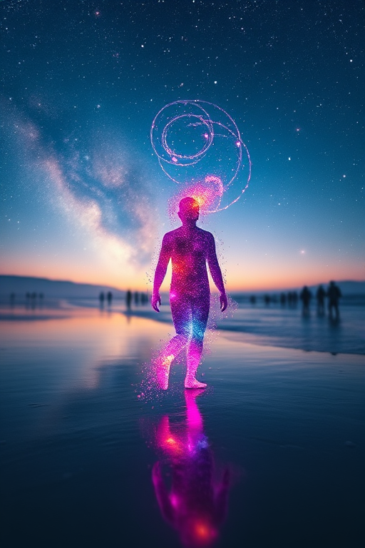 Generate an ethereal cosmic scene featuring a vibrant, colorful figure made of stardust and swirling galaxies walking along a beach with silhouettes of people in the waves, captured with a Canon EOS R5, 50mm lens, f/1.8, ISO 100, and soft focus technique for a dreamlike quality.