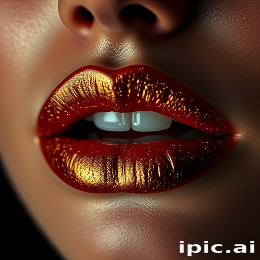 Glamorous gold-flecked lips with a high-shine finish, exuding luxury and opulence, captured in a close-up beauty shot with dramatic chiaroscuro lighting