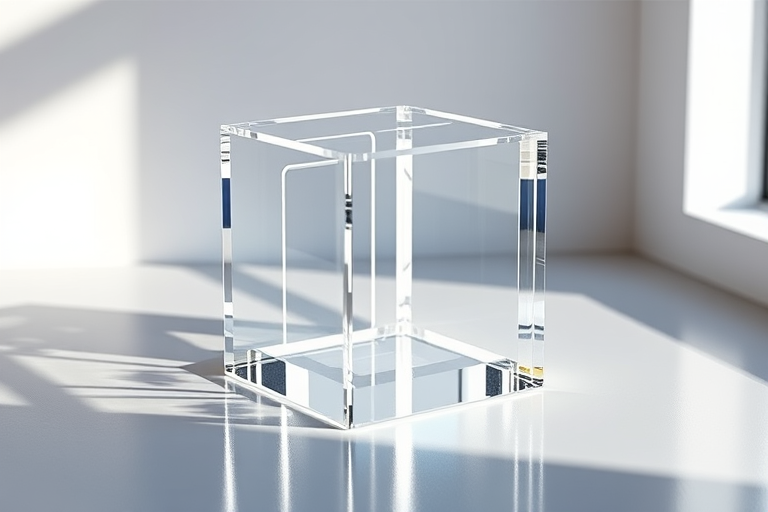 Create a high-resolution 3D render of an optical illusion cube with transparent sections, set against a smooth reflective surface, using a DSLR camera with a 50mm lens, f/1.8 aperture, 1/125s shutter speed, ISO 100, in soft natural light to enhance shadow details.