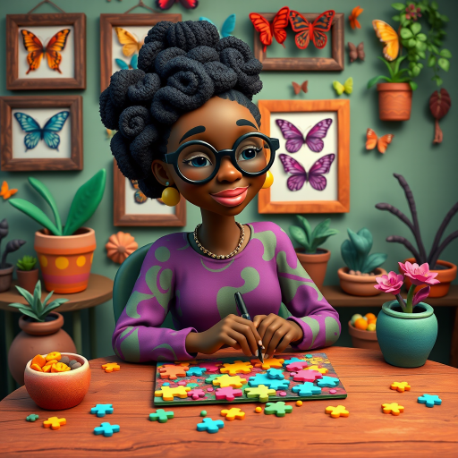 A vibrant and whimsical illustration of an african american woman sitting at a table working on a colorful jigsaw puzzle. she is wearing round glasses, and patterned clothing in shades of purple and green.  The background features an eclectic collection of framed butterflies, potted plants, and other natural elements, creating a warm and inviting atmosphere. The style is playful and modern, with rich textures, intricate details, and a lively color palette.
