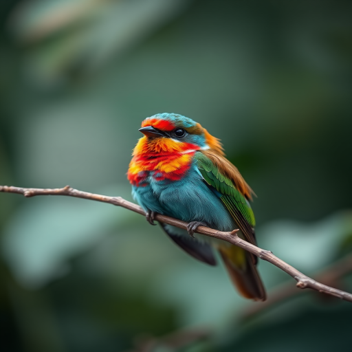 A close-up shot of a colorful bird perched on a branch, using a DSLR camera with a 100mm macro lens, aperture set to f/2.8 for a shallow depth of field, ISO 200 for optimal clarity, and a shutter speed of 1/250s to freeze motion, with a blurred background to enhance focus on the bird.