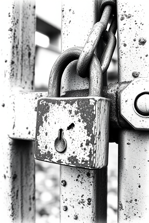 create a high-resolution black and white sketch of a close-up view of a rusty lock and chain on a metal gate, with a shallow depth of field, using a DSLR camera with a 50mm lens at f/1.8, ISO 100, and a shutter speed of 1/200s, focusing on the textures and details of the metal surfaces