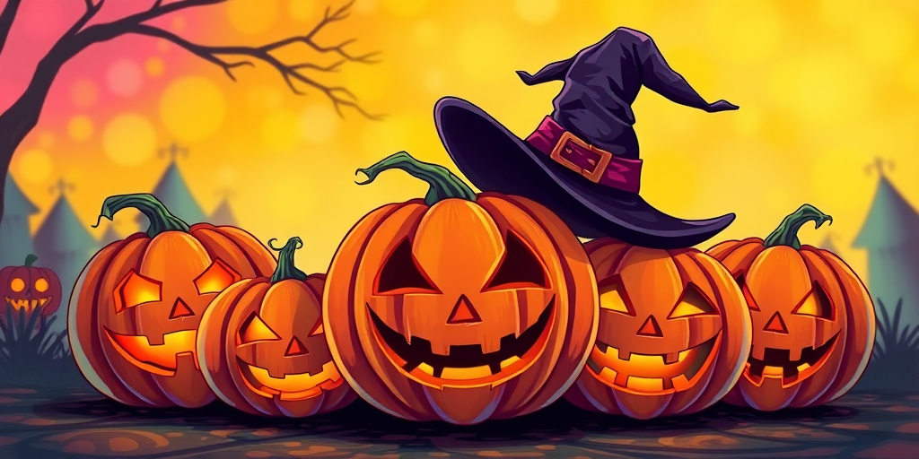 Create a vibrant illustration of five carved Halloween pumpkins with glowing faces, including a larger pumpkin wearing a witch hat, set against a bright, colorful background; use a digital art style with high contrast and clarity, simulating a DSLR camera with an aperture of f/2.8, ISO 100, focal length of 50mm, and a slight vignette effect for depth.