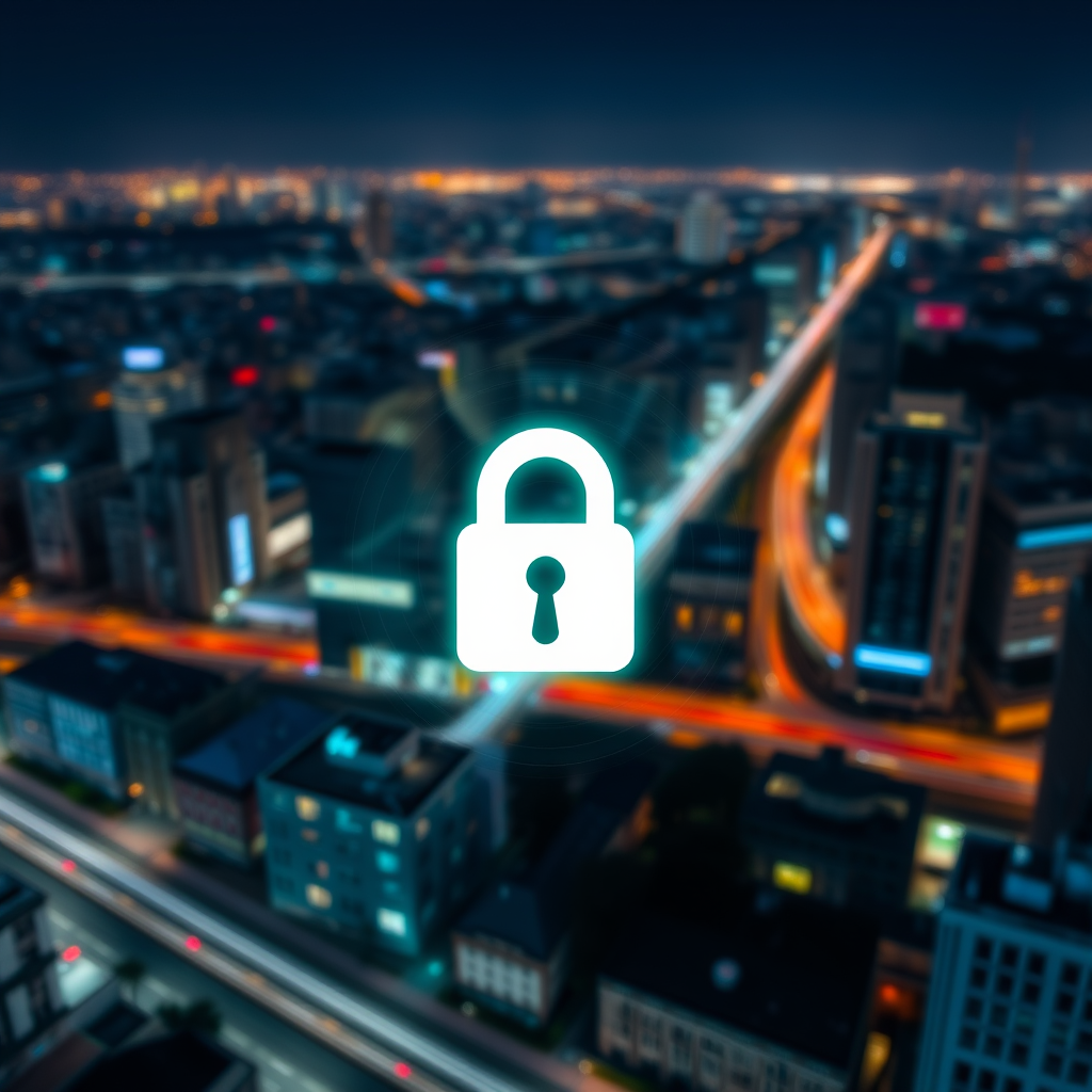 Create a high-resolution image of a digital lock icon overlaid on a cityscape at night, using a DSLR camera with a 50mm lens, f/1.8 aperture, ISO 100, and a slow shutter speed to capture light trails while ensuring the lock is sharply in focus.