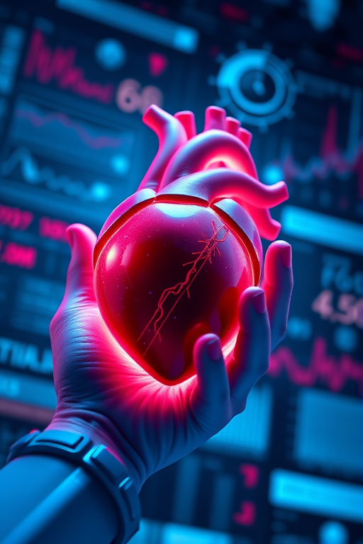 A highly detailed 3D rendering of a human heart held in a futuristic hand, with a glowing effect, surrounded by holographic medical data and graphs, shot with a Canon EOS R5, 50mm lens, f/1.8 aperture, ISO 100, in a vibrant blue and red color scheme, low-angle view, soft focus background for depth.