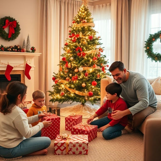 Create a cozy holiday scene featuring a family gathered around a beautifully decorated Christmas tree. Include children playing with gifts, a cheerful adult enjoying the moment, and a warm, inviting atmosphere with festive decorations and a cozy living room setting.