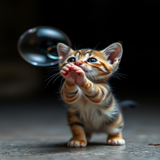 A playful kitten reaching for a bubble in a dark setting, sharp focus on the kitten, soft background blur, natural lighting, ISO 100, f/2.8, 1/200 sec shutter speed, macro lens, DSLR camera.