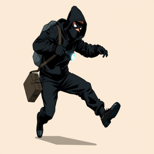 Create a high-resolution illustration of a masked burglar in a black outfit, holding a flashlight and a bag, mid-action pose, set against a minimalist light beige background, using a DSLR camera with a 50mm lens, f/2.8 aperture, 1/200 sec shutter speed, and soft studio lighting for enhanced clarity and depth.