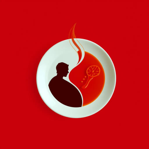 Create a minimalist logo featuring a steaming plate with a silhouette of a person beside it, using a red background, captured with a Canon EOS R5 at f/2.8, ISO 100, 50mm lens for sharp detail and vibrant color, overhead view in digital art style.