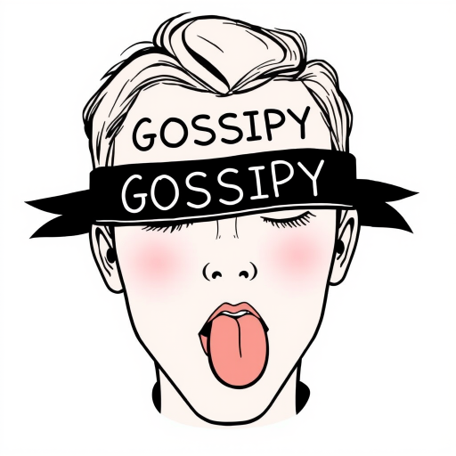 Create an illustration of a person with a ribbon titled "GOSSIPY" across their eyes, featuring a stylized tongue extending from their mouth, in a clean, minimalist design with a textured background, using a DSLR camera with a 50mm lens, aperture f/2.8, and soft natural lighting to enhance clarity and texture.