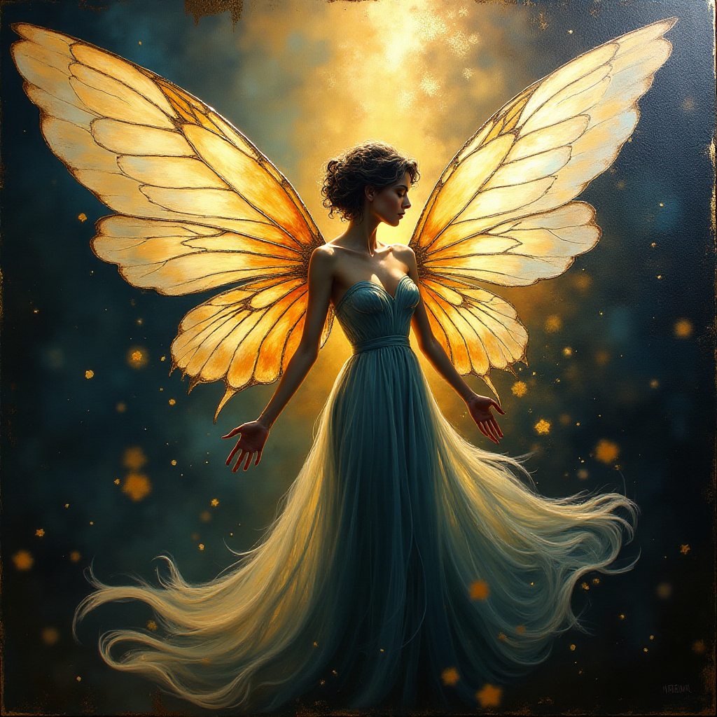 Palette knife oil painting, featuring an elegant feminine fairy with enormous translucent wings, high contrast, impasto texture, with chiaroscuro and dramatic shadows and shining Gold Foil highlights