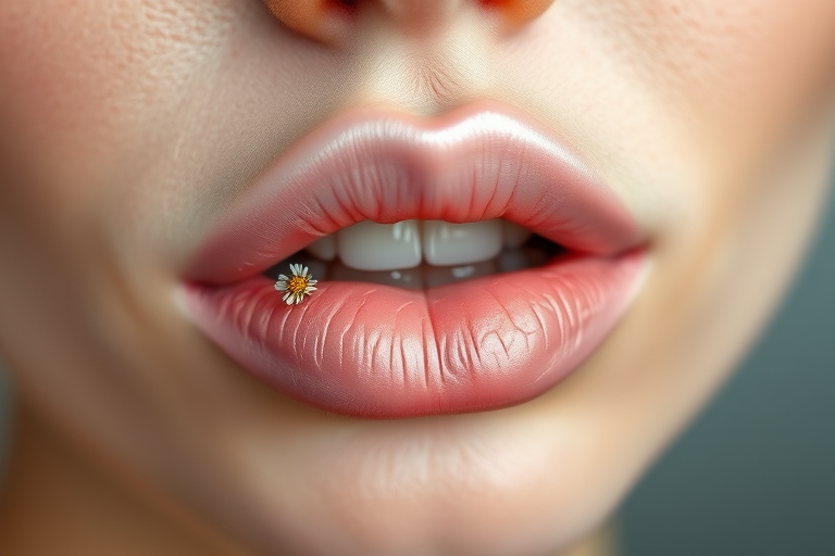 Soft pink satin lips in "Blossom Petal" style, adorned with pressed dried flowers and a subtle pearl sheen, creating a romantic and feminine look