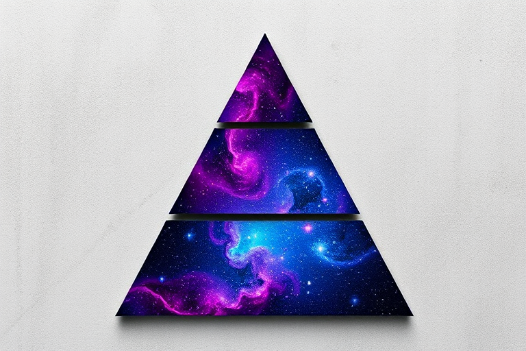 Create an abstract design of a large triangle composed of smaller triangles, each filled with a cosmic galaxy texture in shades of purple and blue, set against a textured light gray background, captured with a DSLR camera at f/8, ISO 100, with a macro lens for detail.
