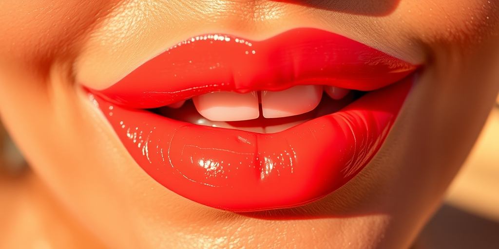 Vibrant coral "Sunset Bliss" lip color adorns full, luscious lips with a glossy finish, reflecting warm golden hues and subtle shimmer for a radiant, sun-kissed glow